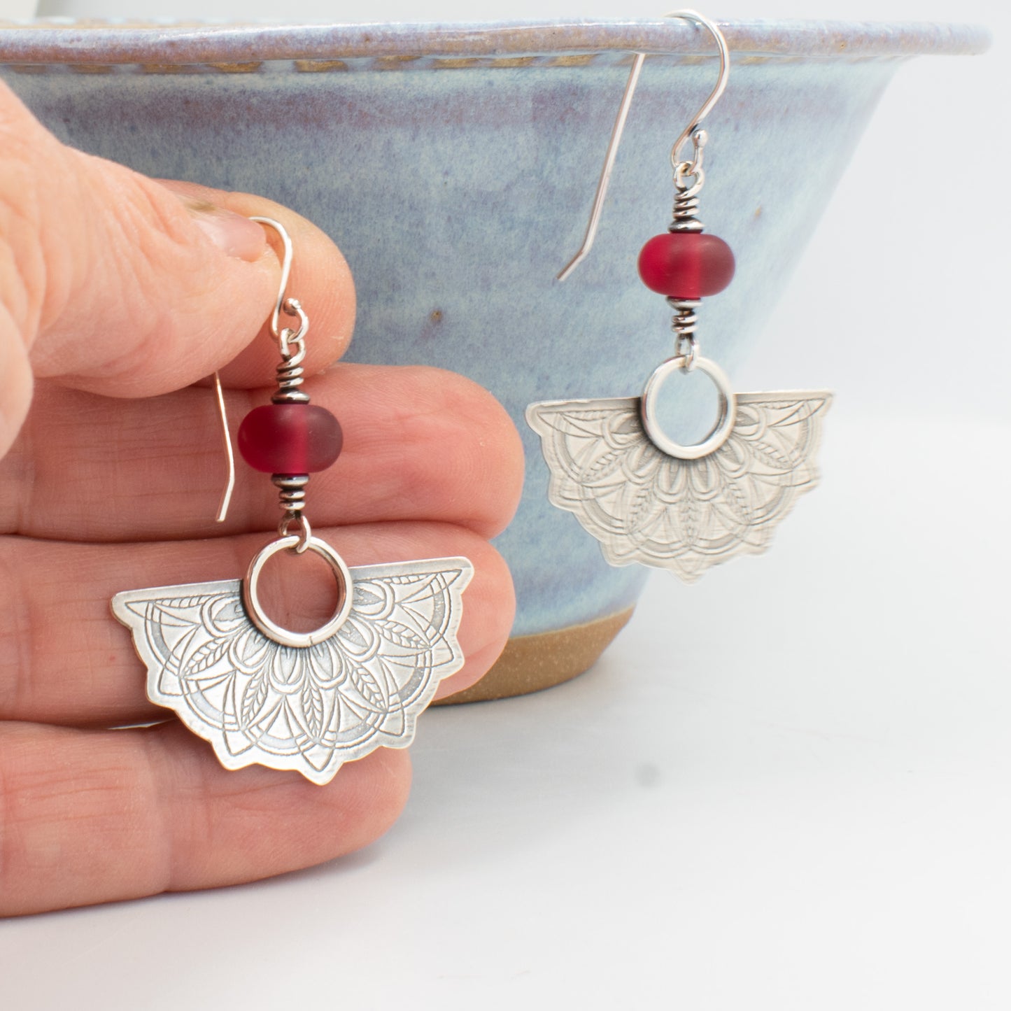 Etched Cranberry Half Mandala Earrings