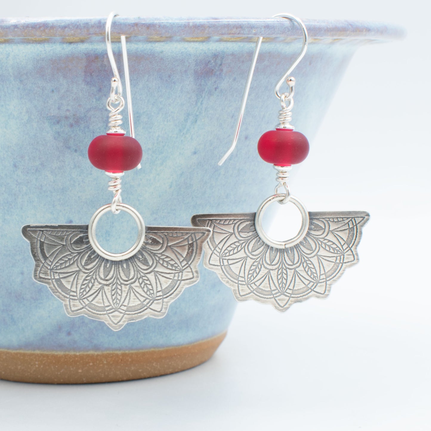 Etched Cranberry Half Mandala Earrings