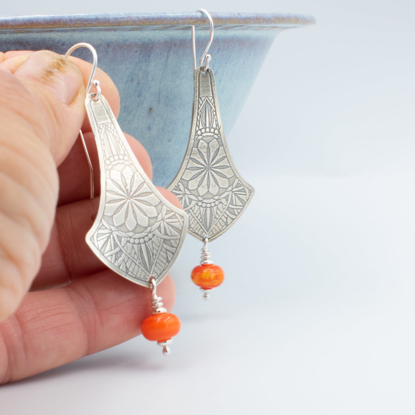 Orange Swirl Drop Shield Earrings