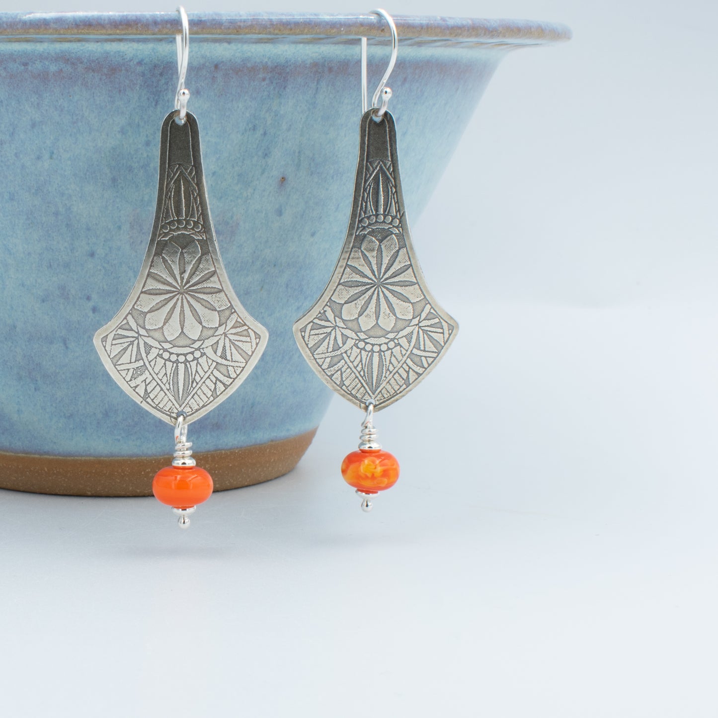 Orange Swirl Drop Shield Earrings