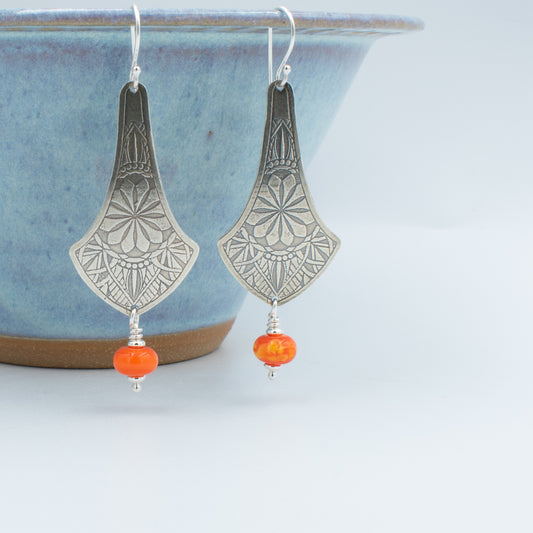Orange Swirl Drop Shield Earrings
