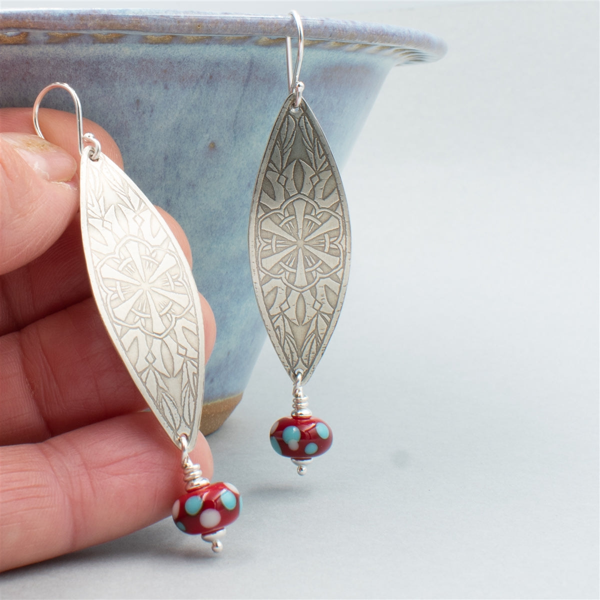 Bright Red Turquoise and Cream Dangle Earrings