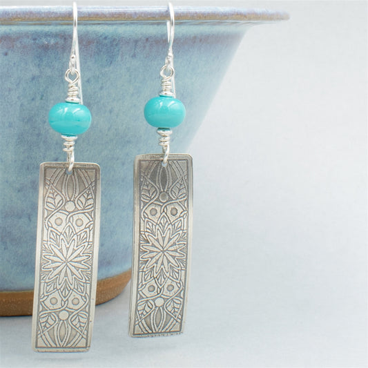 Turquoise Glass Bead Rectangle Dangle Earrings