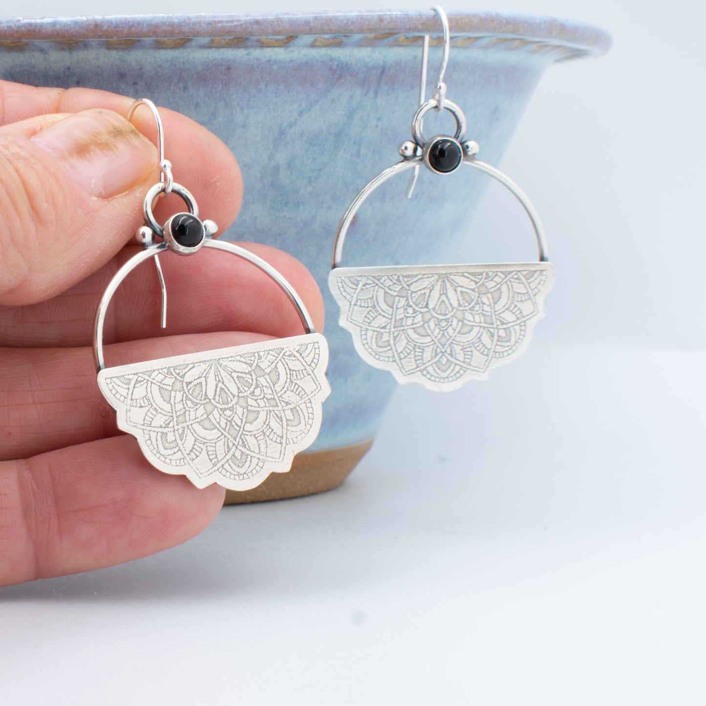 Black Half Mandala Hoop Earring