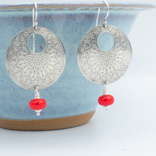 Bright Red Open Mandala Earrings