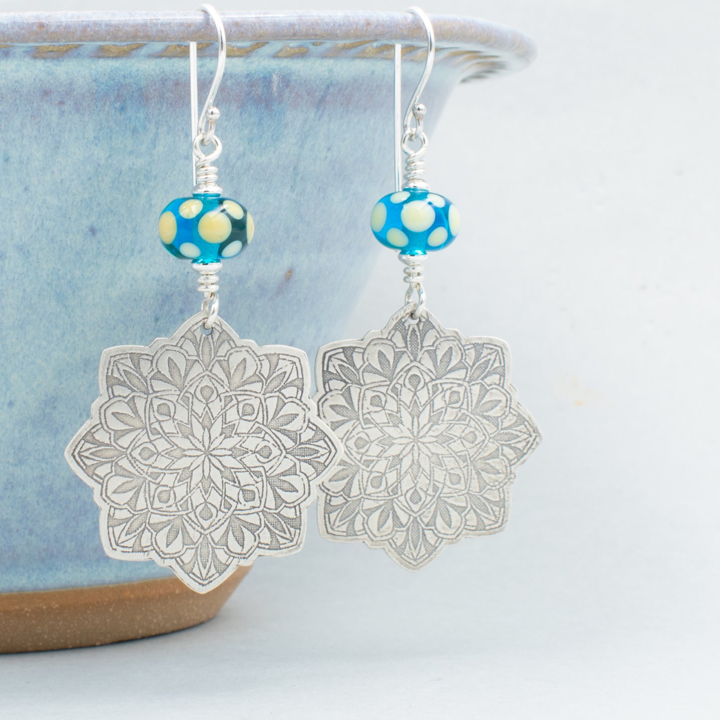 Aqua and Ivory Mandala Earrings