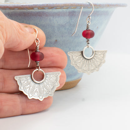 Etched Cranberry Half Mandala Earrings