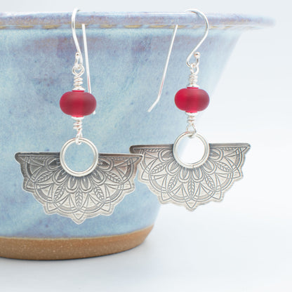 Etched Cranberry Half Mandala Earrings