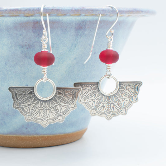 Etched Cranberry Half Mandala Earrings