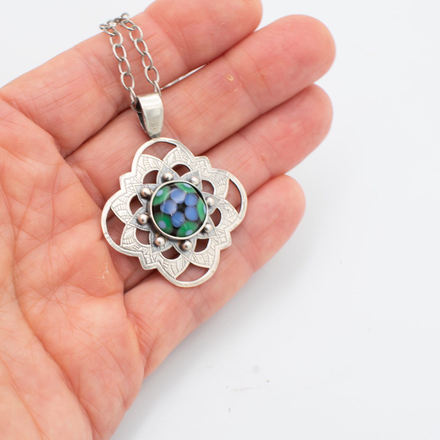 Blue and Green Filagree Necklace