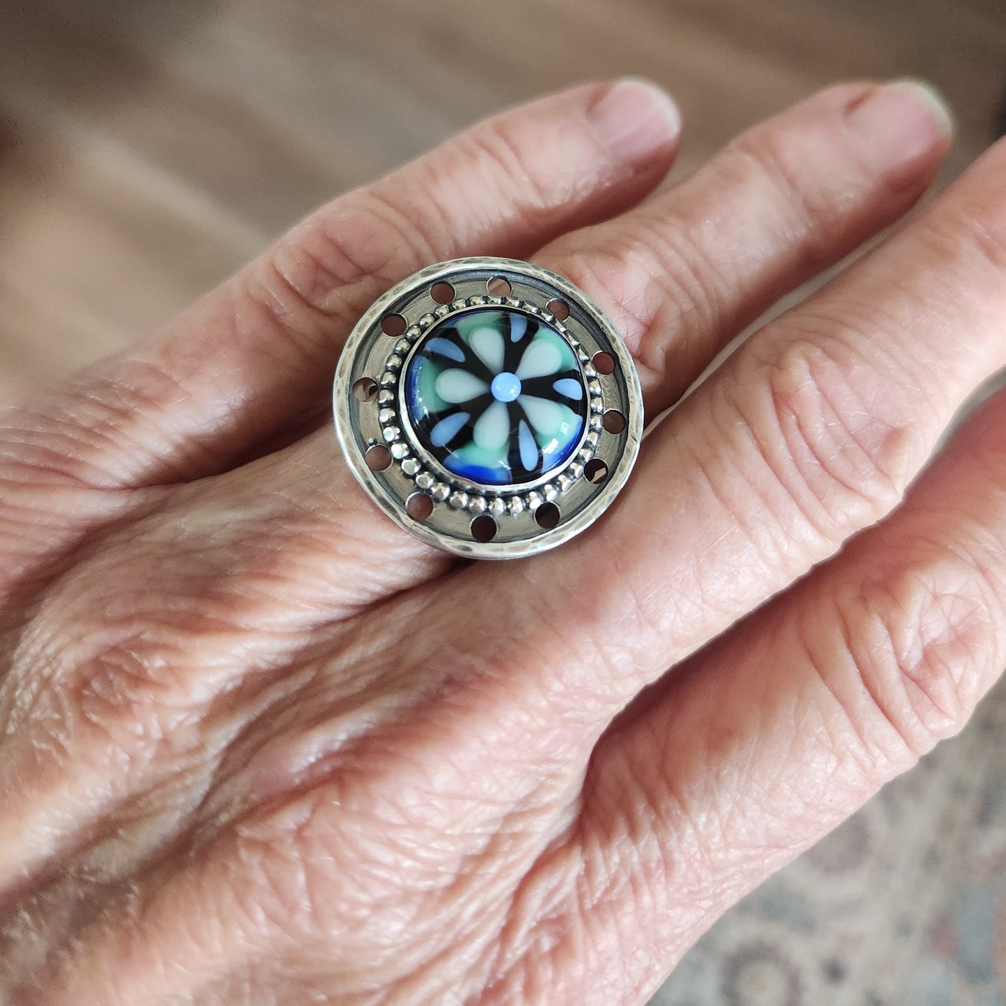 Blue and Green Stained Glass Filigree Ring