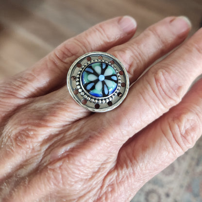 Blue and Green Stained Glass Filigree Ring