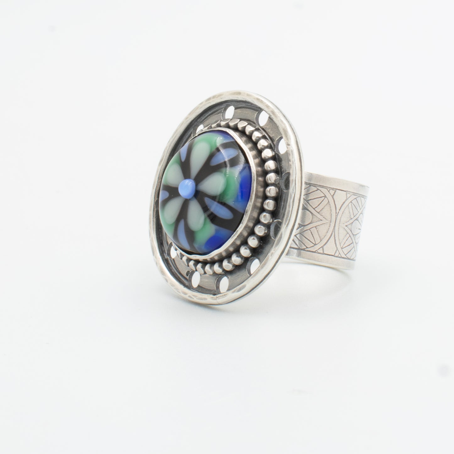 Blue and Green Stained Glass Filigree Ring