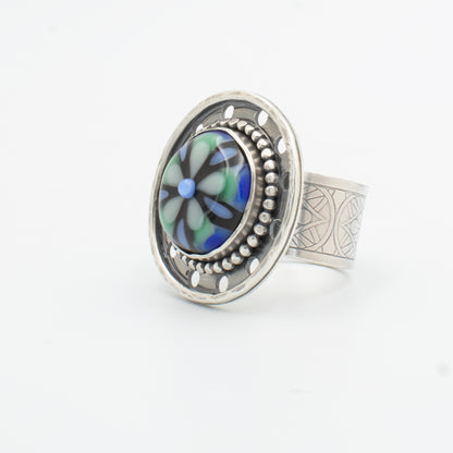 Blue and Green Stained Glass Filigree Ring