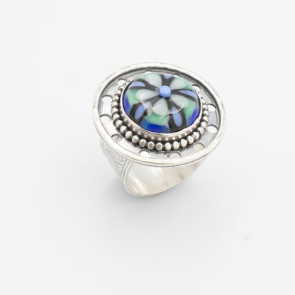 Blue and Green Stained Glass Filigree Ring