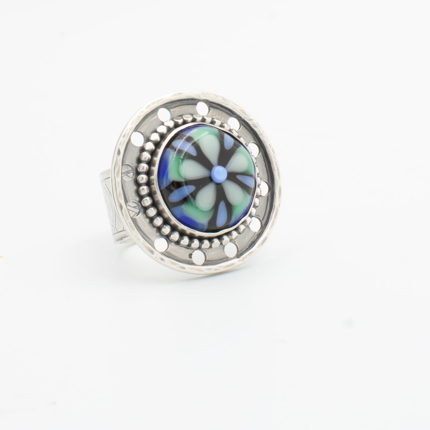 Blue and Green Stained Glass Filigree Ring
