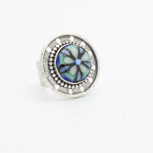 Blue and Green Stained Glass Filigree Ring