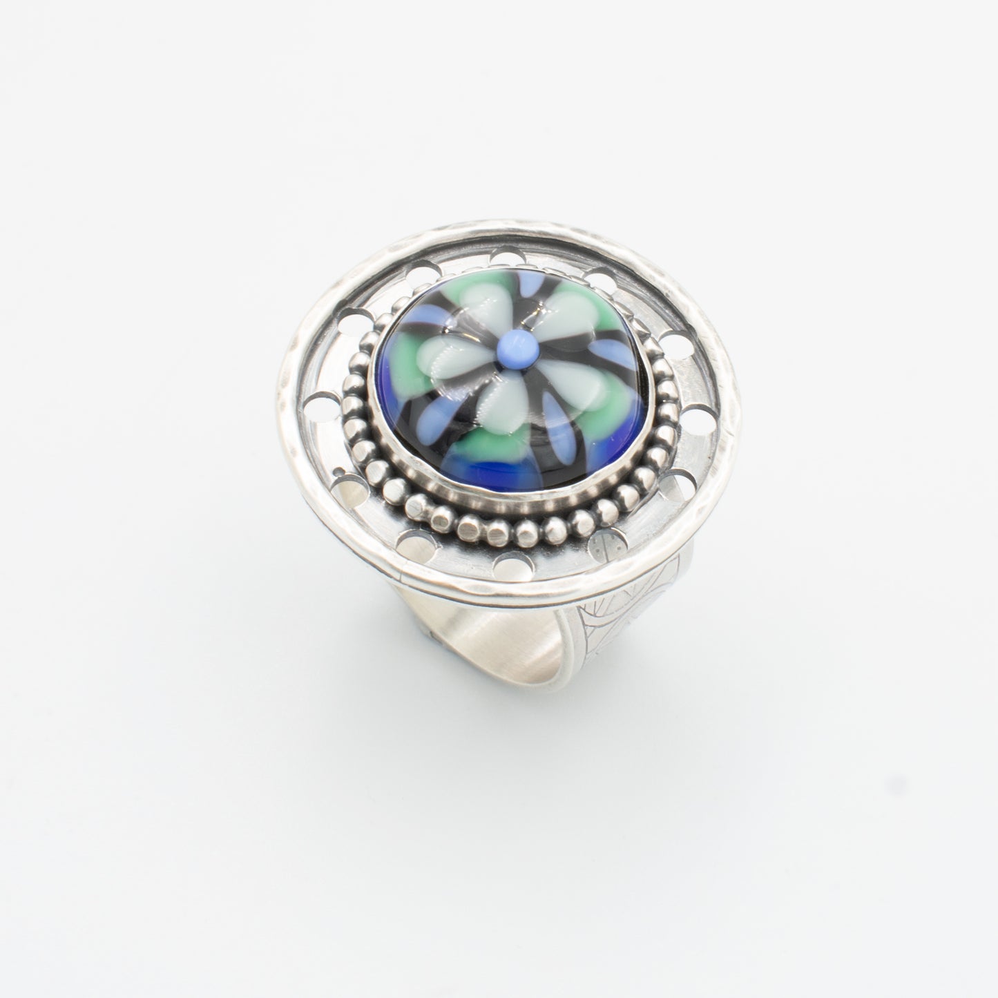 Blue and Green Stained Glass Filigree Ring