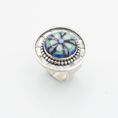 Blue and Green Stained Glass Filigree Ring