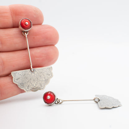Soft Red Cut Bead Half Mandala Post Earrings