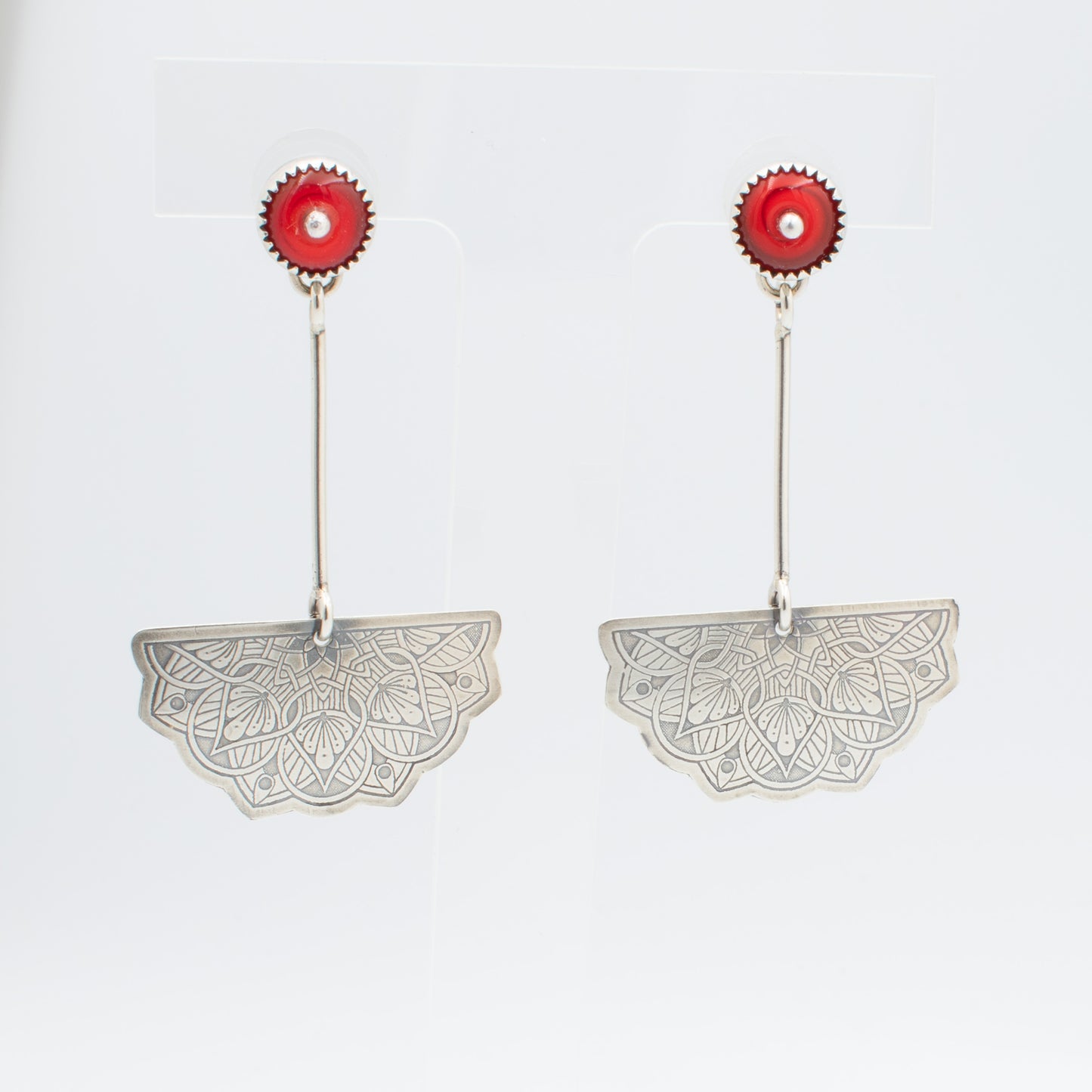 Soft Red Cut Bead Half Mandala Post Earrings