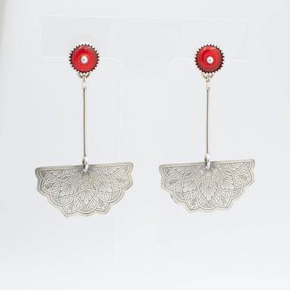 Soft Red Cut Bead Half Mandala Post Earrings