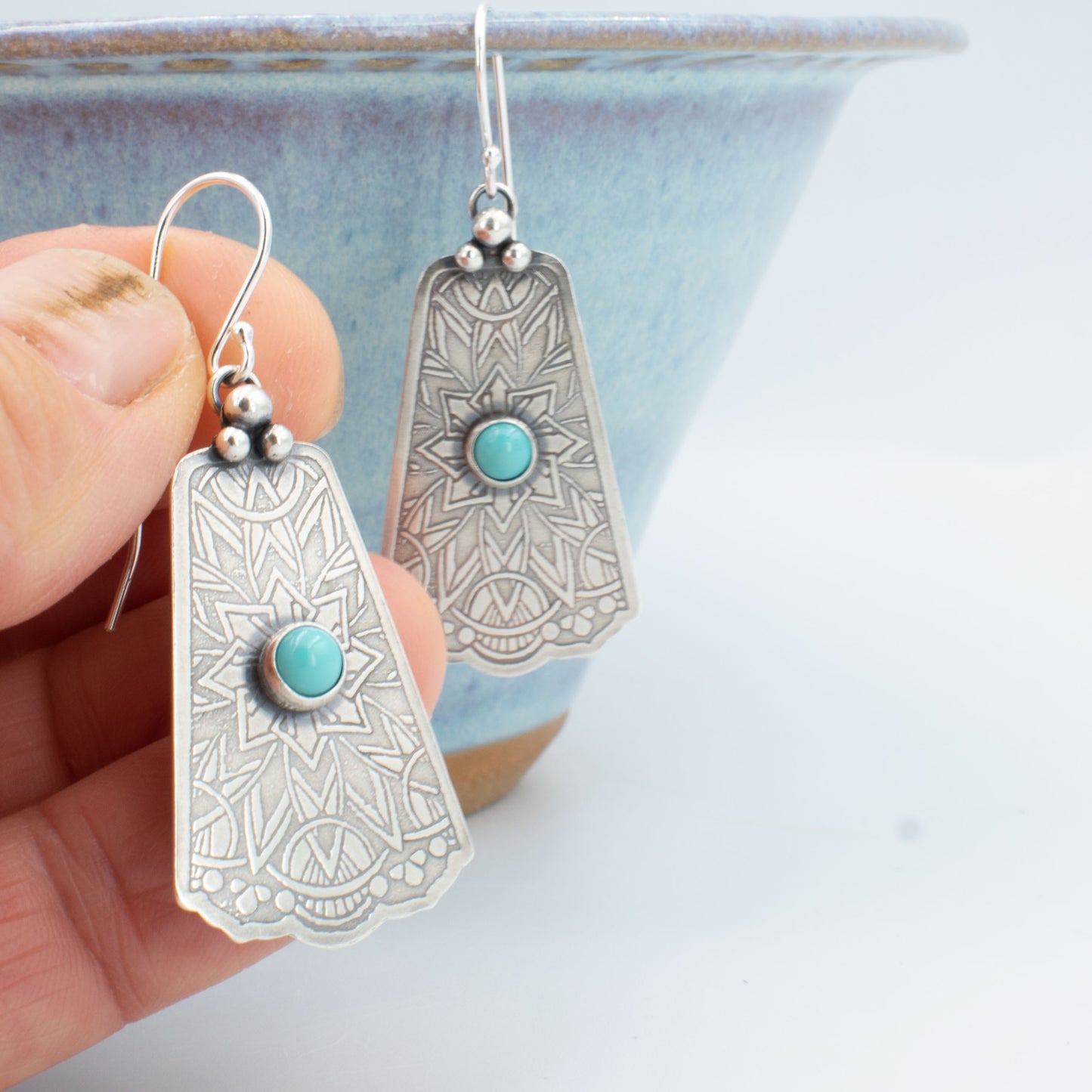 Turquoise Cabachon Decorated Dangle Earrings