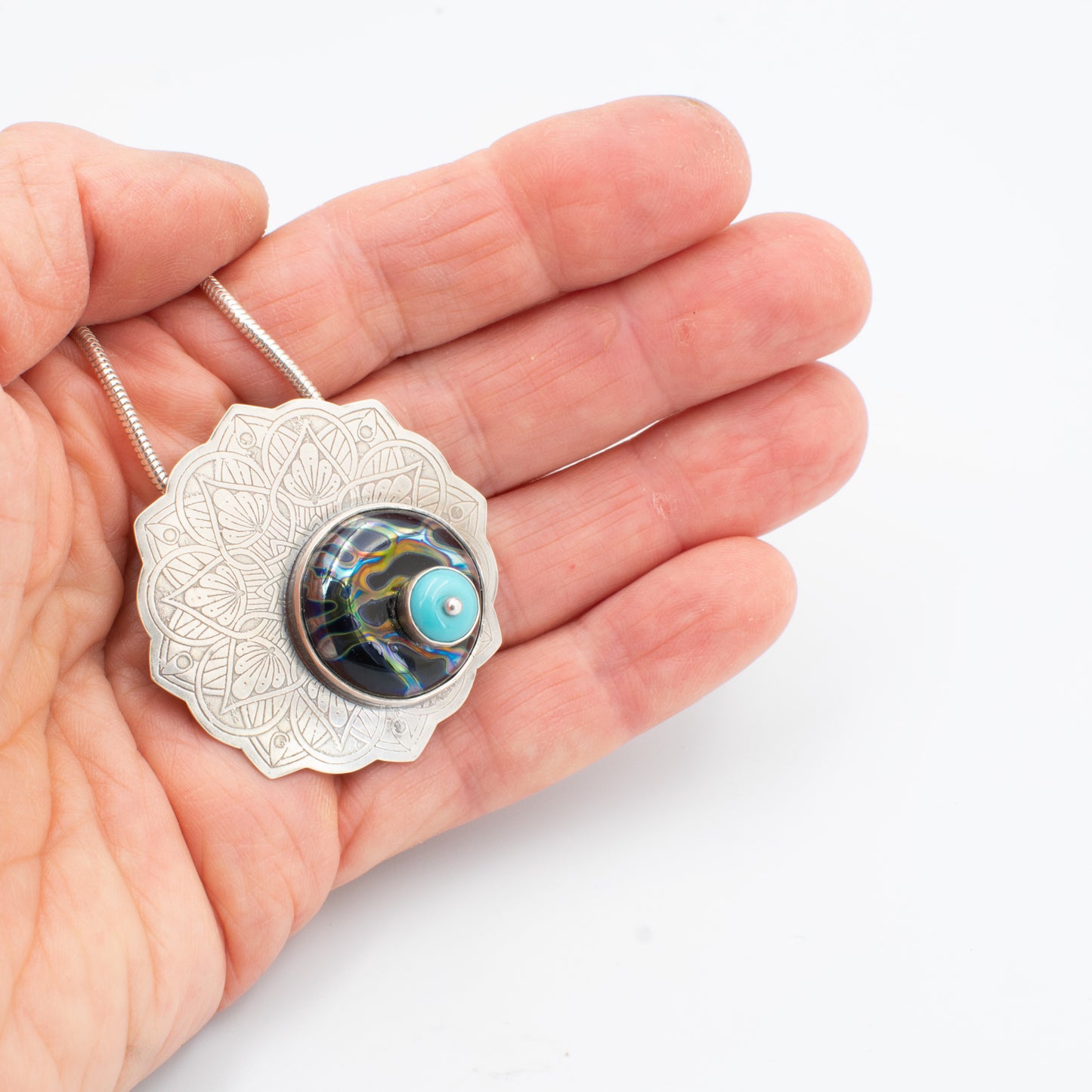 Modern Mandala Necklace in Turquoise, Black, and Silvered glass
