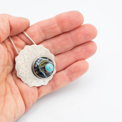 Modern Mandala Necklace in Turquoise, Black, and Silvered glass
