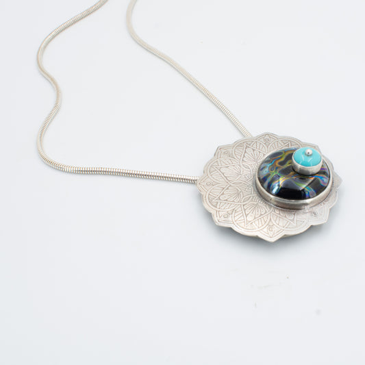 Modern Mandala Necklace in Turquoise, Black, and Silvered glass