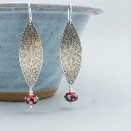 Bright Red Turquoise and Cream Dangle Earrings